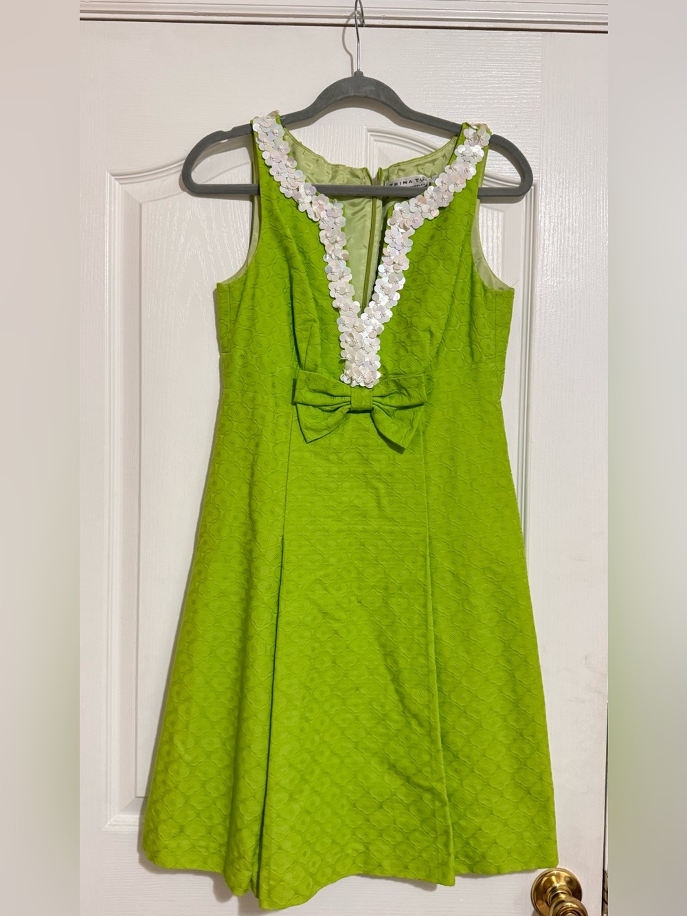 Trina Turk Lime Green Sleeveless Bow A-Line Dress with White Sequin Trim